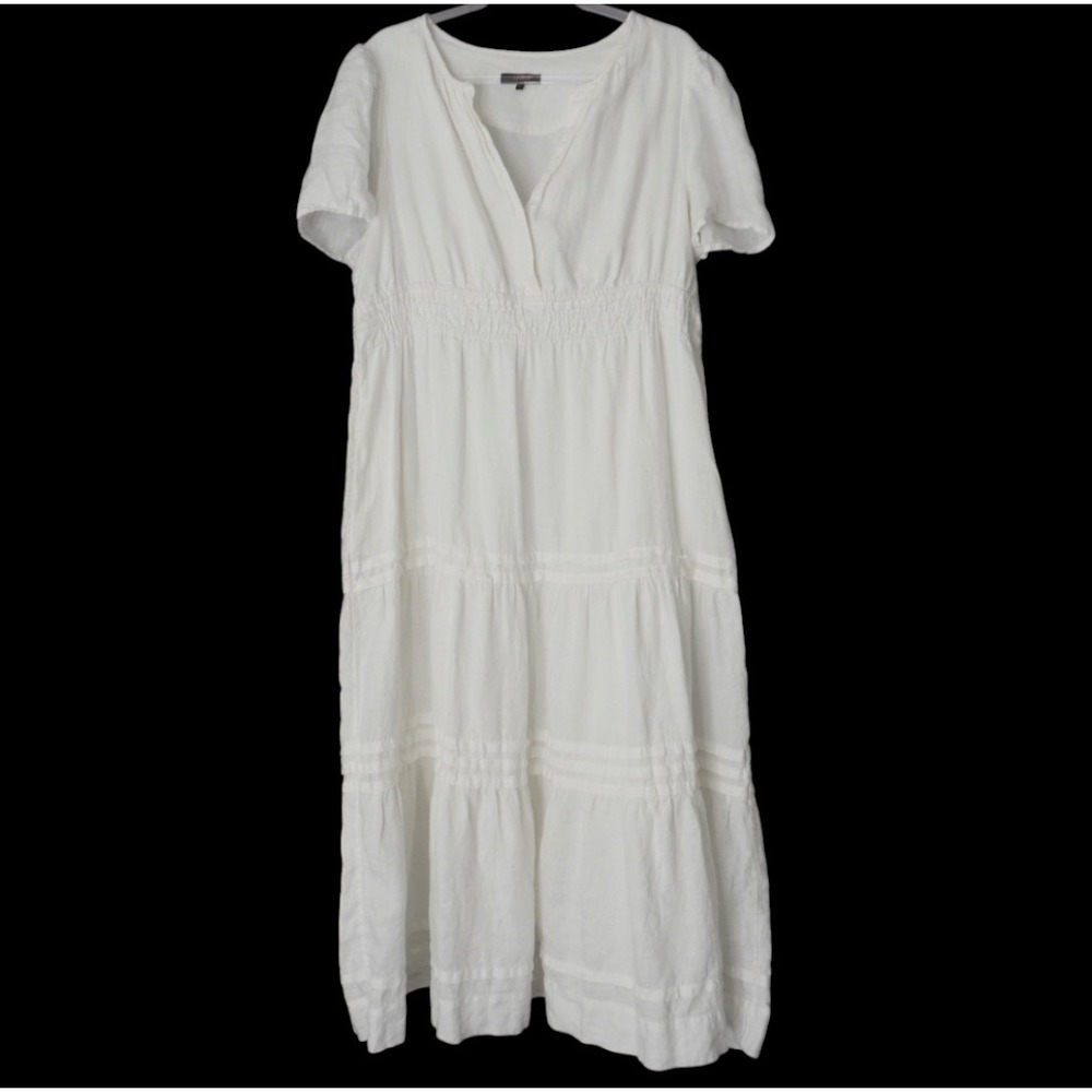 Quince 100% European Linen Tiered Maxi Dress White XL Short Sleeve Smocked Waist